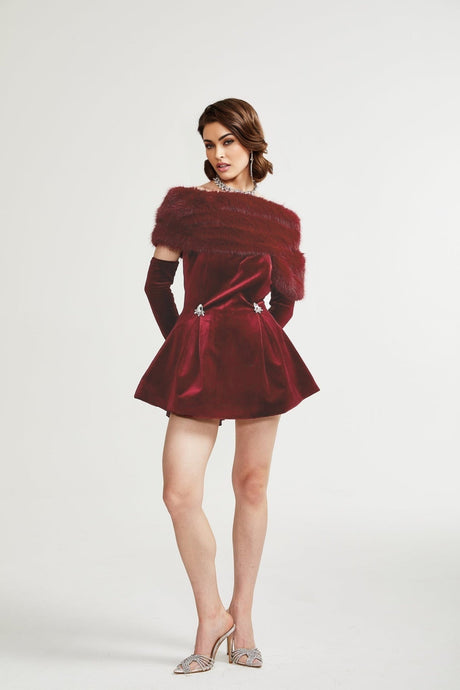 Selena Velvet Strapless Mini Dress With Faux Fur Collar