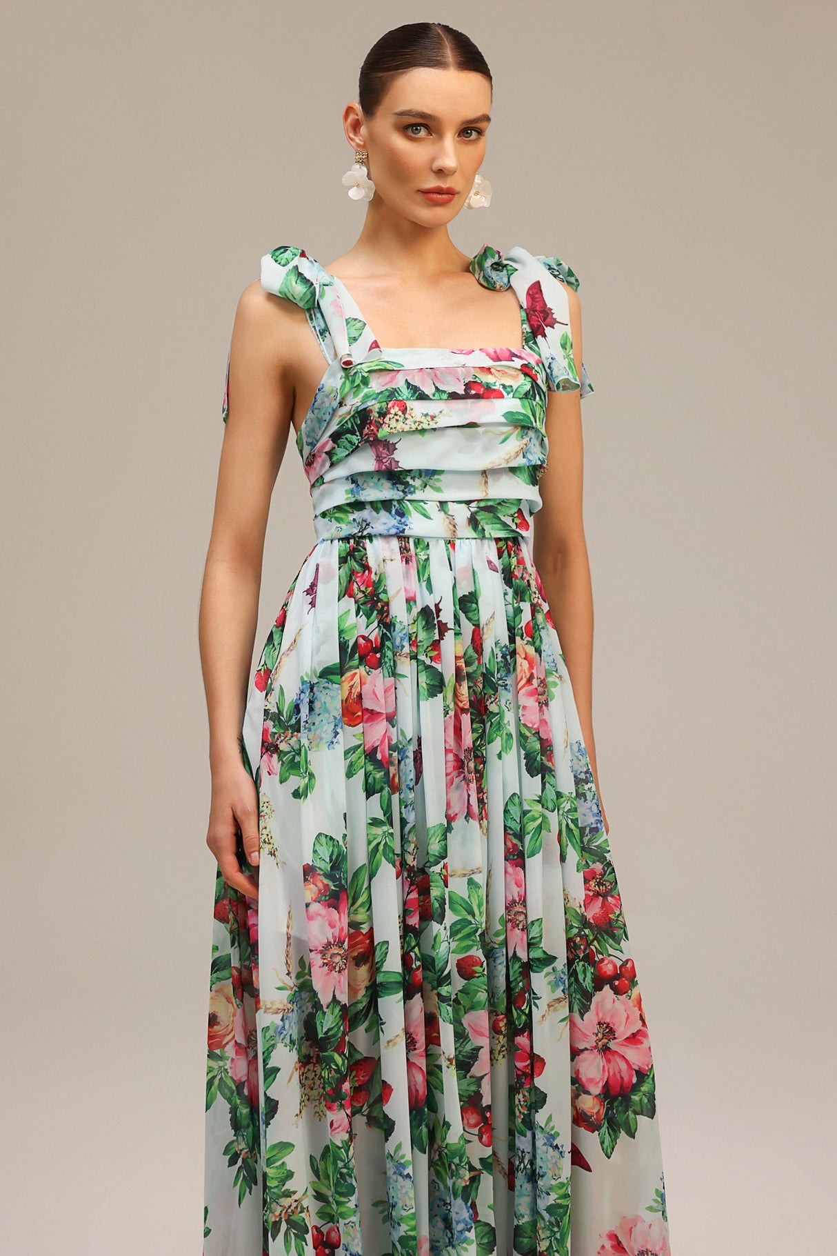 Serafina Green Floral Maxi Dress with Bowknot Detail and Ruffles