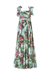 Serafina Green Floral Maxi Dress with Bowknot Detail and Ruffles