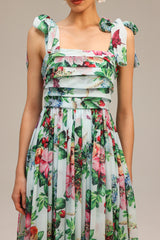Serafina Green Floral Maxi Dress with Bowknot Detail and Ruffles