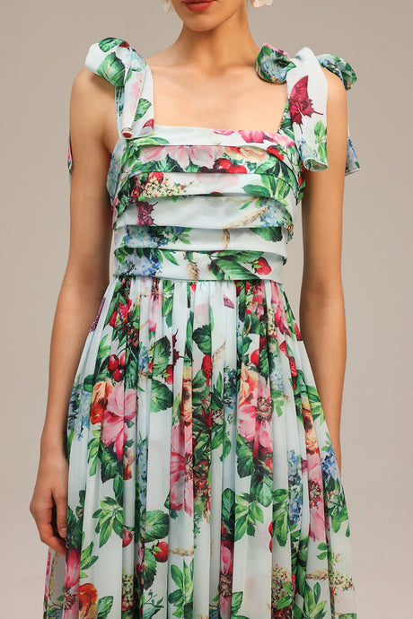 Serafina Green Floral Maxi Dress with Bowknot Detail and Ruffles