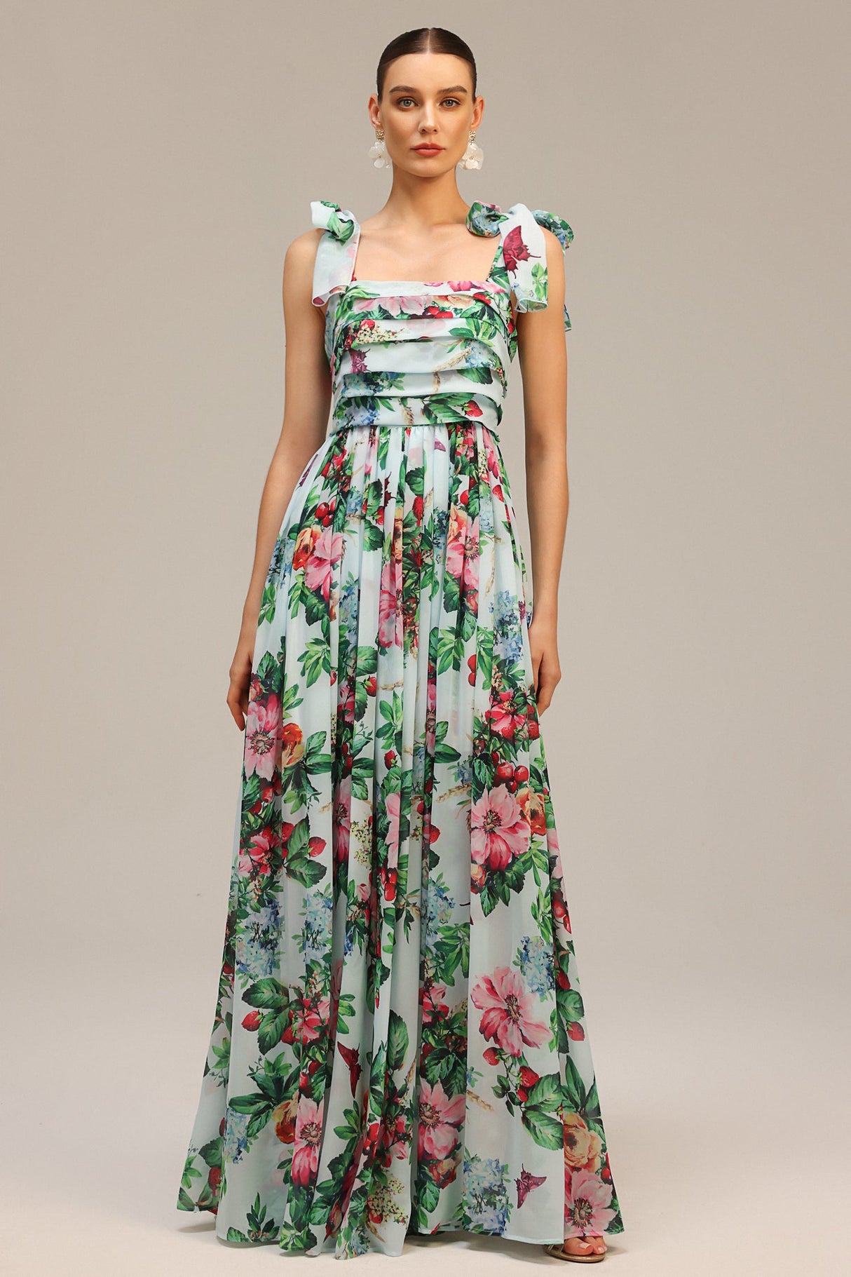 Serafina Green Floral Maxi Dress with Bowknot Detail