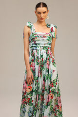 Serafina Green Floral Maxi Dress with Bowknot Detail
