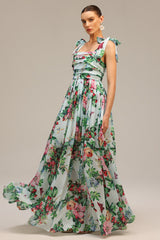 Serafina Green Floral Maxi Dress with Bowknot Detail for Garden Parties and Formal Events