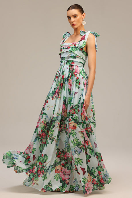 Serafina Green Floral Maxi Dress with Bowknot Detail for Garden Parties and Formal Events