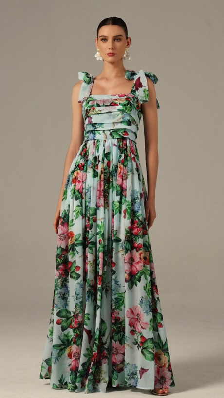Serafina Green Floral Sleeveless Maxi Dress with Bowknot Detail and Ruffles for Garden Parties or Formal Events