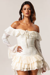 Serafina Ivory Off-the-Shoulder Embroidered Flounce Hem Mini Dress