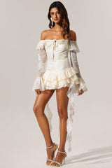 Serafina Ivory Off-the-Shoulder Embroidered Flounce Hem Mini Dress