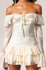 Serafina Ivory Off-the-Shoulder Embroidered Flounce Hem Mini Dress
