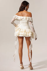 Serafina Ivory Off-the-Shoulder Embroidered Mini Dress with Flounce Hem