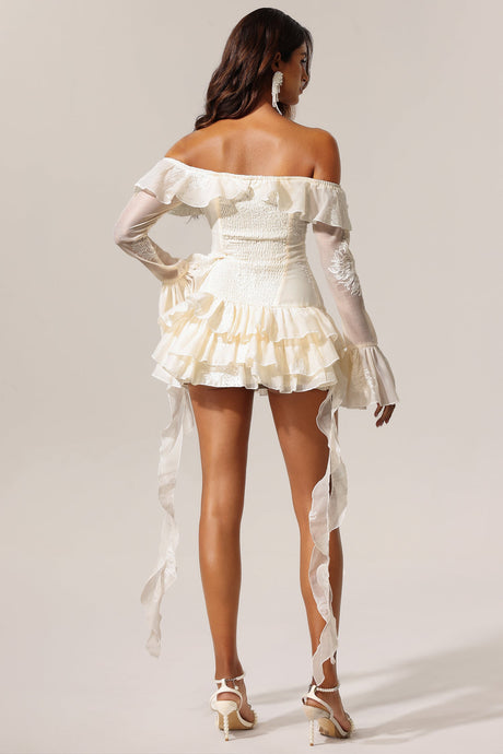 Serafina Ivory Off-the-Shoulder Embroidered Mini Dress with Flounce Hem