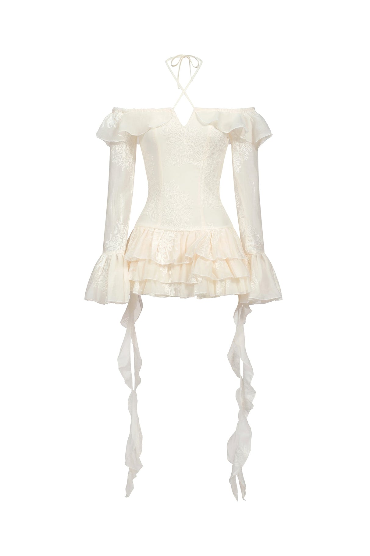 Serafina Ivory Off-Shoulder Embroidered Flounce Hem Mini Dress