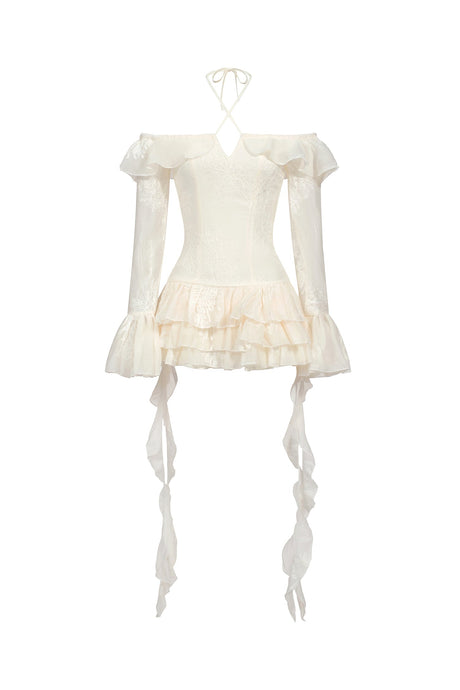 Serafina Ivory Off-Shoulder Embroidered Flounce Hem Mini Dress