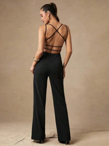 Serafina Jumpsuit - High Stretch Fabric Elasticity - Regular Fit - Long Length - Sleeveless - Refined Style - V Neckline - Backless, Criss Cross
