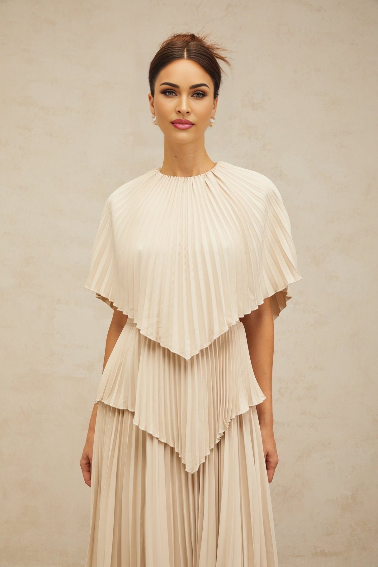 Serafina Midi Dress in Neutrals Crew Neck Batwing Pleated Cape Zip Calf Length