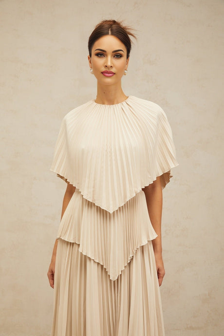 Serafina Midi Dress in Neutrals Crew Neck Batwing Pleated Cape Zip Calf Length