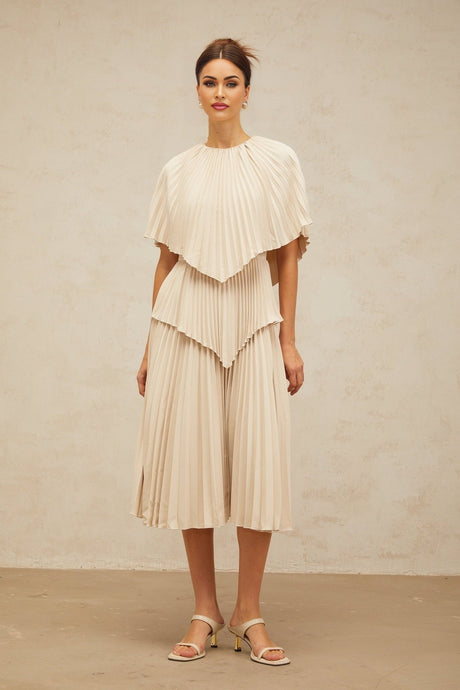 Serafina Midi Dress in Neutrals Crew Neck Batwing Pleated Cape Zip Calf Length