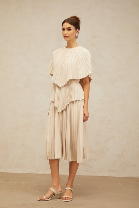 Serafina Midi Dress in Neutrals Crew Neck Batwing Pleated Cape Zip Calf Length