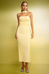 Serafina Yellow Maxi Dress Elegant Sophisticated Strapless Ruched Backless Evening Special Occasions Soft Comfortable Fabric Flattering Silhouette Dramatic Flair Grace Style Turn Heads
