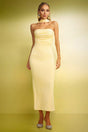 Serafina Yellow Maxi Dress Elegant Sophisticated Strapless Ruched Backless Evening Special Occasions Soft Comfortable Fabric Flattering Silhouette Dramatic Flair Grace Style Turn Heads