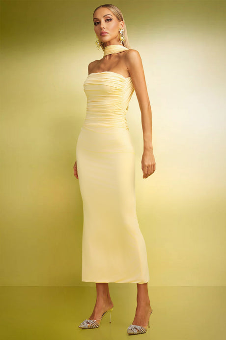 Serafina Yellow Maxi Dress Elegant Sophisticated Strapless Ruched Backless Evening Special Occasions Soft Comfortable Fabric Flattering Silhouette Dramatic Flair Grace Style