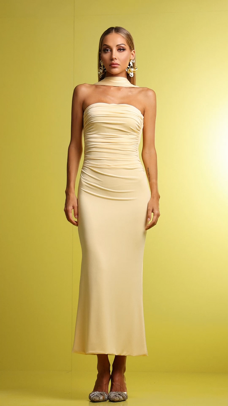 Serafina Yellow Maxi Dress Elegant Sophisticated Strapless Ruched Backless Soft Comfortable Fabric Flattering Silhouette Evening Events Special Occasions Dramatic Flair Grace Style