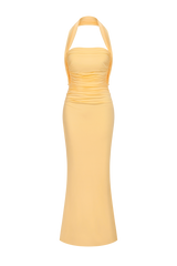 Serafina Yellow Strapless Ruched Backless Maxi Dress