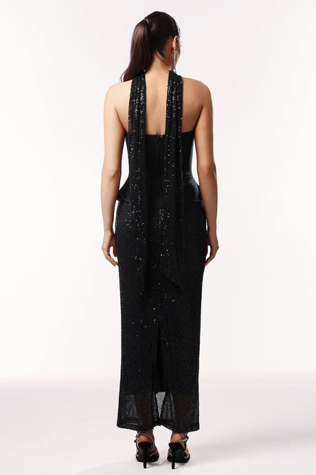 Serena Black Two Piece Dress Set with Sequins and Ribbon Detailing
