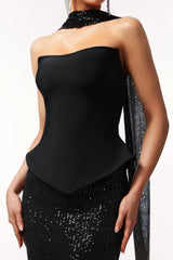 Serena Black Two Piece Dress Set with Sequin Maxi Skirt and Strapless Top for Special Occasions
