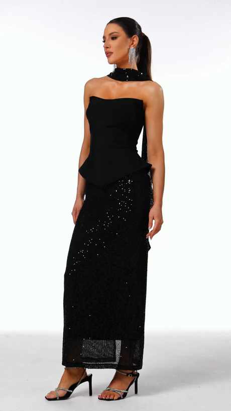 Serena Black Two Piece Set Maxi Dress with Sequin Detailing
