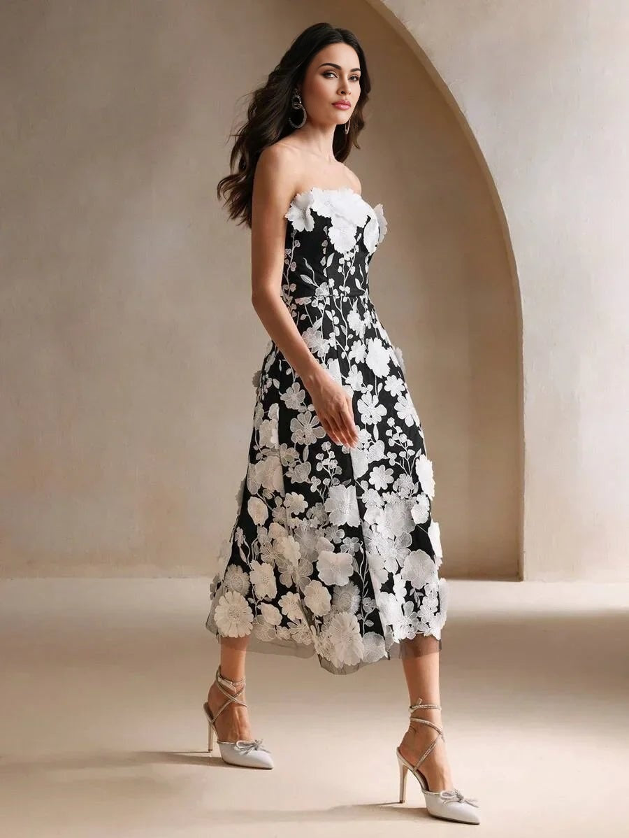 Serena Midi Dress - Strapless Neckline - High Waist - Flared Hem - Elegant Style - Mesh Fabric