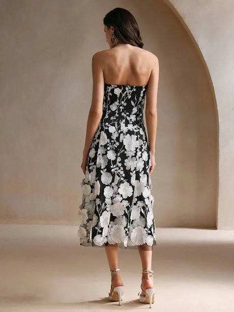 Serena Midi Dress - Strapless Neckline - High Waist - Flared Hem - Elegant Style - Mesh Fabric