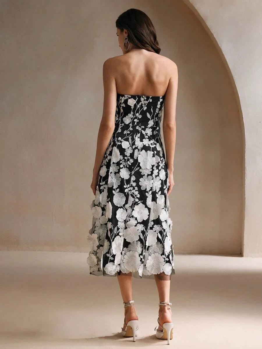 Serena Midi Dress - Strapless Neckline - High Waist - Flared Hem - Elegant Style - Mesh Fabric
