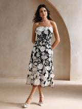 Serena Midi Dress - Strapless Neckline - High Waist - Flared Hem - Elegant Style - Mesh Fabric
