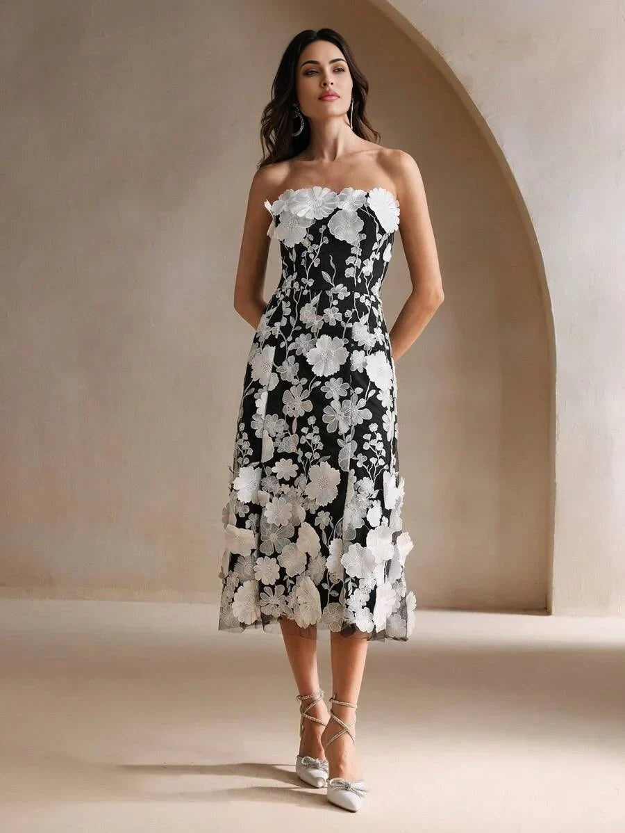 Serena Midi Dress - Strapless Neckline - High Waist - Flared Hem - Elegant Style - Mesh Fabric