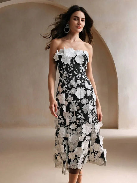 Serena Midi Dress - Strapless Neckline - High Waist - Flared Hem - Elegant Style - Mesh Fabric