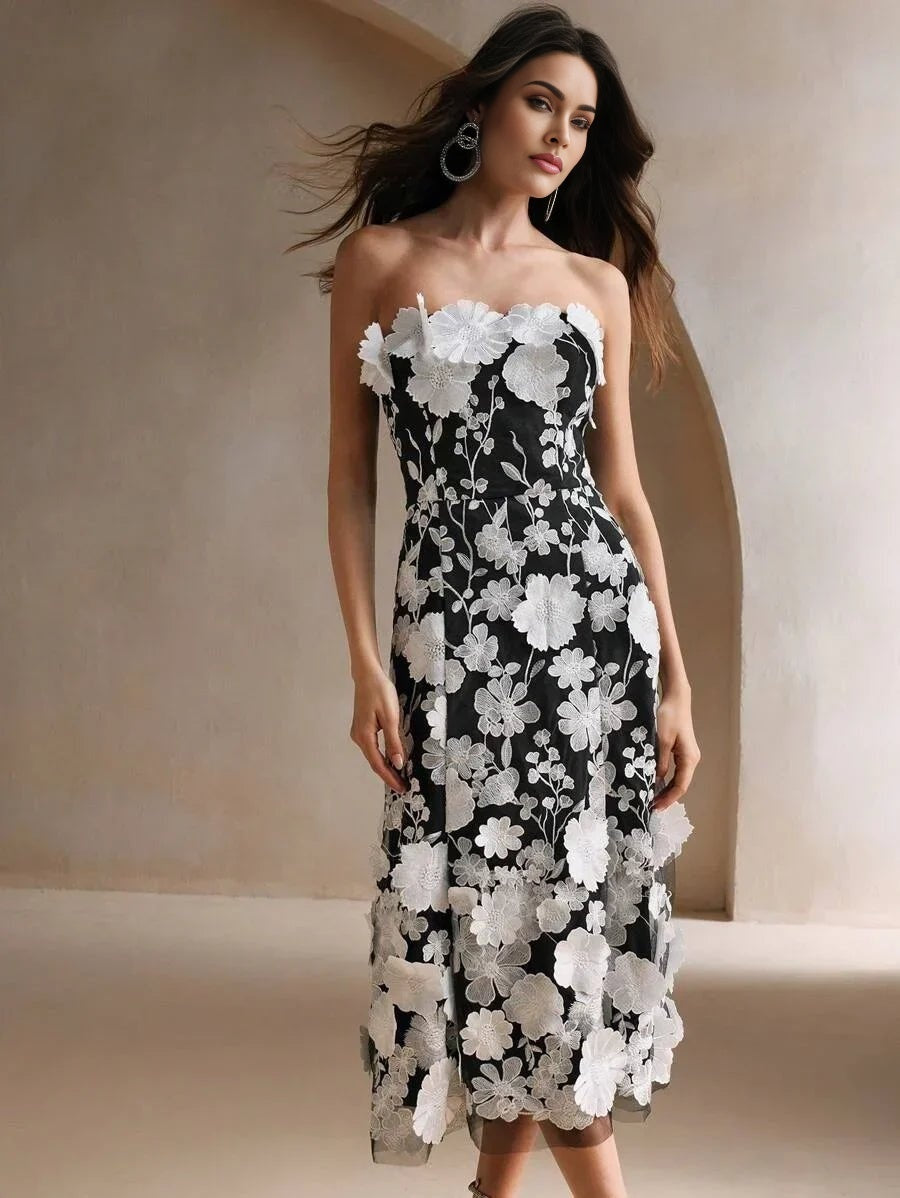 Serena Midi Dress - Strapless Neckline - High Waist - Flared Hem - Elegant Style - Mesh Fabric