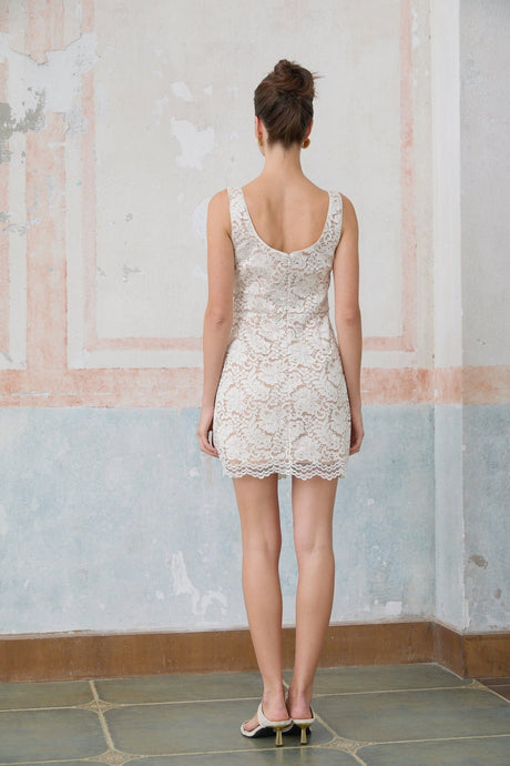 Serena Mini Dress Off White Lace Scallop Detail Side Slit