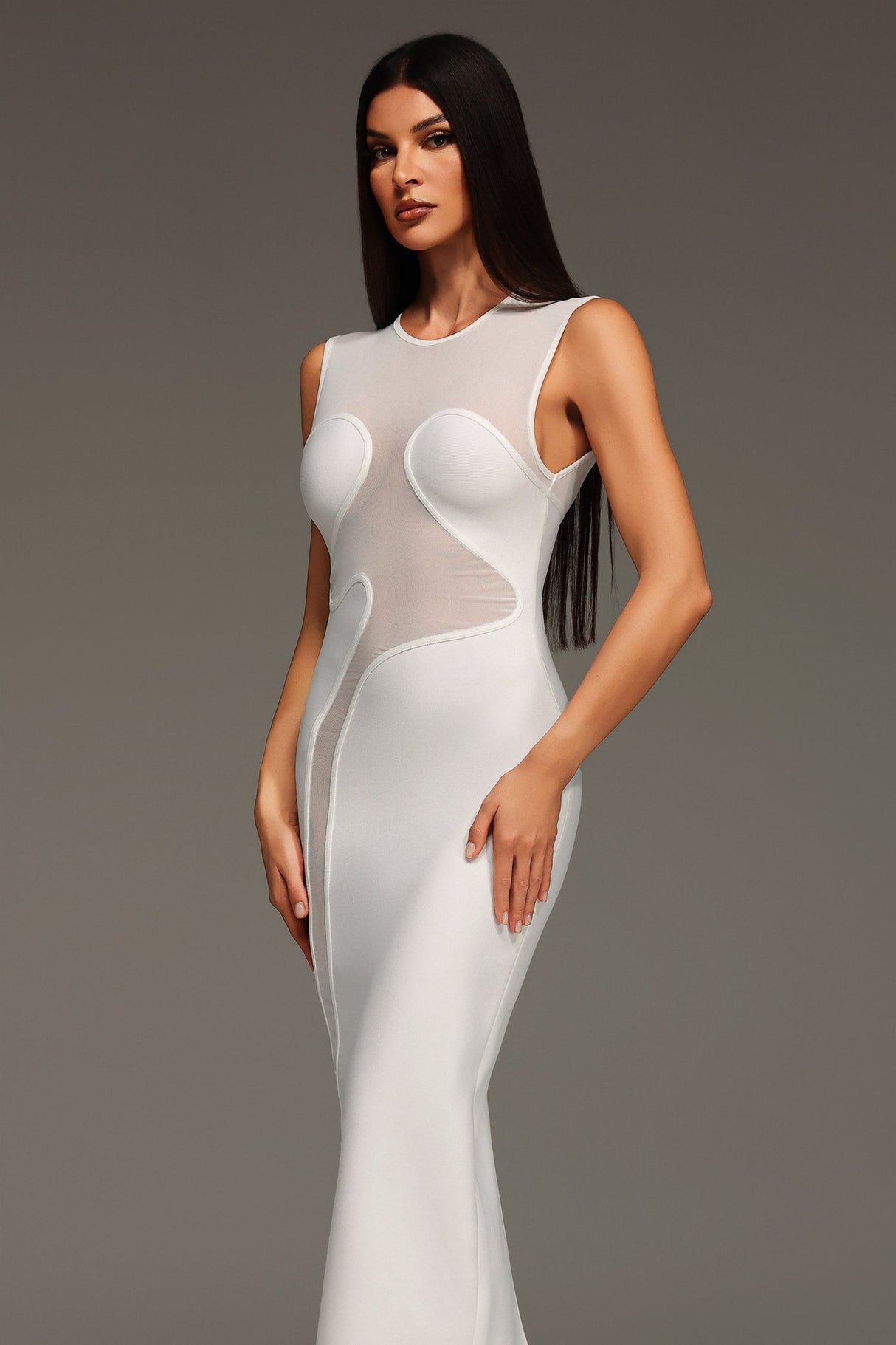 Serena White Sheer Tulle Panel Sleeveless Dress