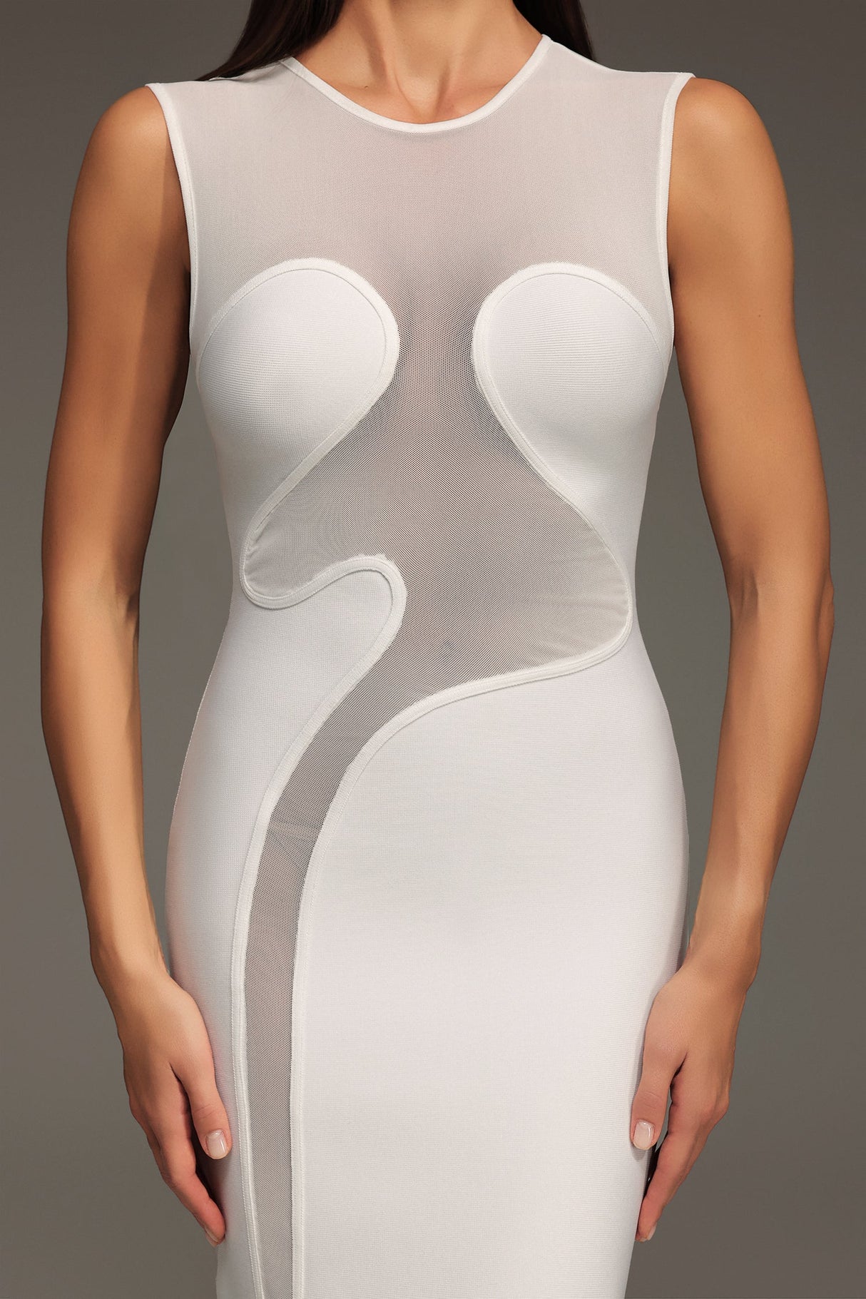 Serena White Sheer Tulle Panel Sleeveless Dress for Evening Wear and Special Occasions