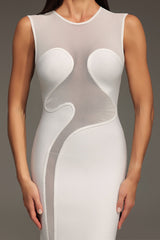Serena White Sheer Tulle Panel Sleeveless Dress for Evening Wear and Special Occasions