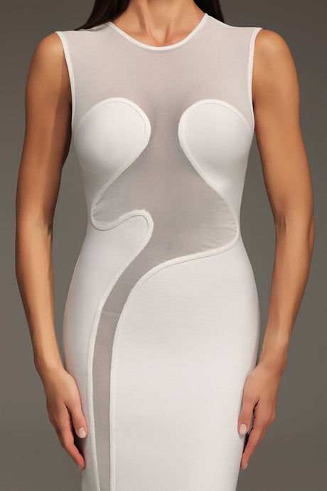 Serena White Sheer Tulle Panel Sleeveless Dress for Evening Wear and Special Occasions