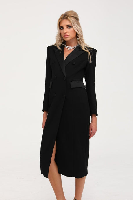 Serenity Coat Black Double Breasted Long Wool Blend