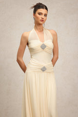 Serenity Cream Halter Neckline Draped Bodice Waist Detailing Floor-Length Dress