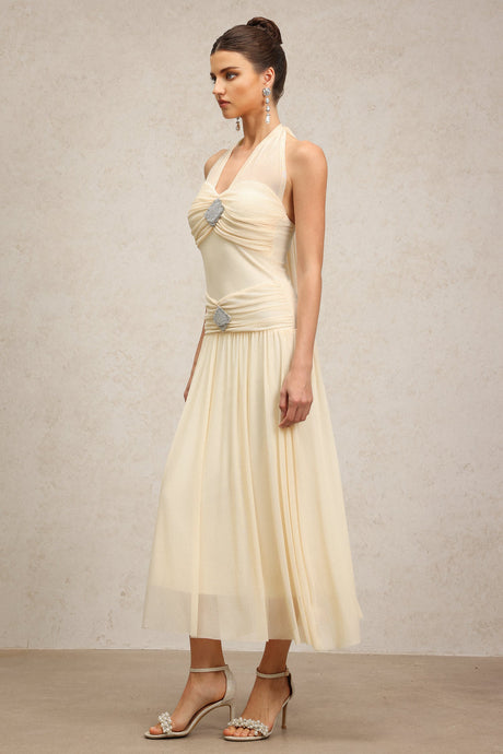 Serenity Cream Halter Neckline Draped Bodice Waist Detail Floor Length Dress