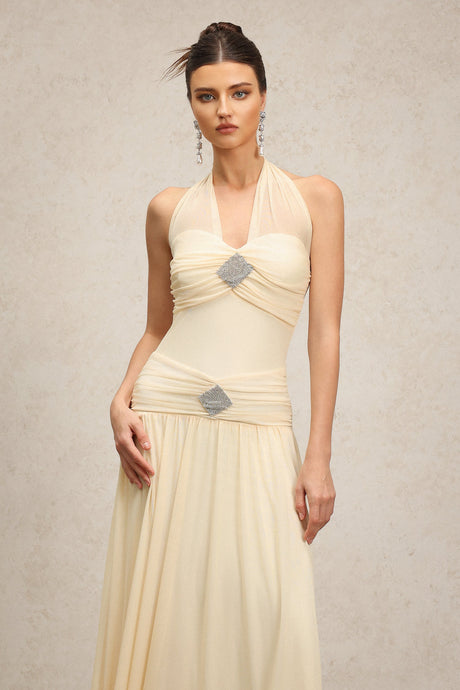 Serenity Cream Halter Neckline Draped Bodice Waist Detailing Floor-Length Dress