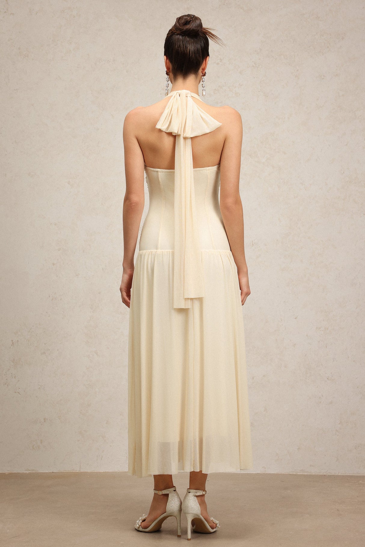 Serenity Cream Halter Neckline Draped Bodice Waist Detailing Floor-Length Dress