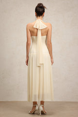 Serenity Cream Halter Neckline Draped Bodice Waist Detailing Floor-Length Dress