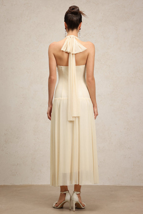 Serenity Cream Halter Neckline Draped Bodice Waist Detailing Floor-Length Dress
