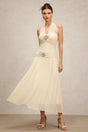 Serenity Cream Halter Neckline Draped Bodice Waist Detail Flowing Skirt Special Occasions High-Quality Fabric Comfort Style Glamour
